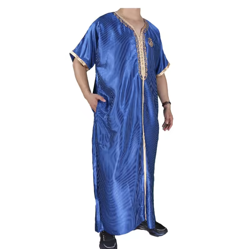 2024 New Style High Quality Muslim Thobe Men Short Sleeve Morocco Shinny Robe