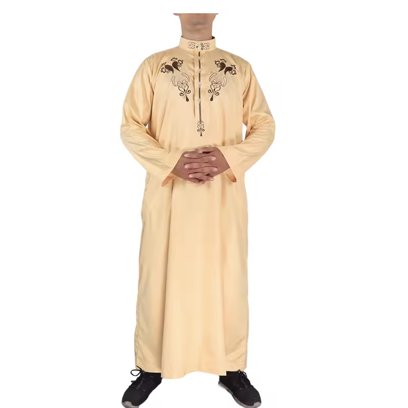 2024 Wholesal Qatar Style Fashion Floral Design Men Muslim Long Sleeve Thobe