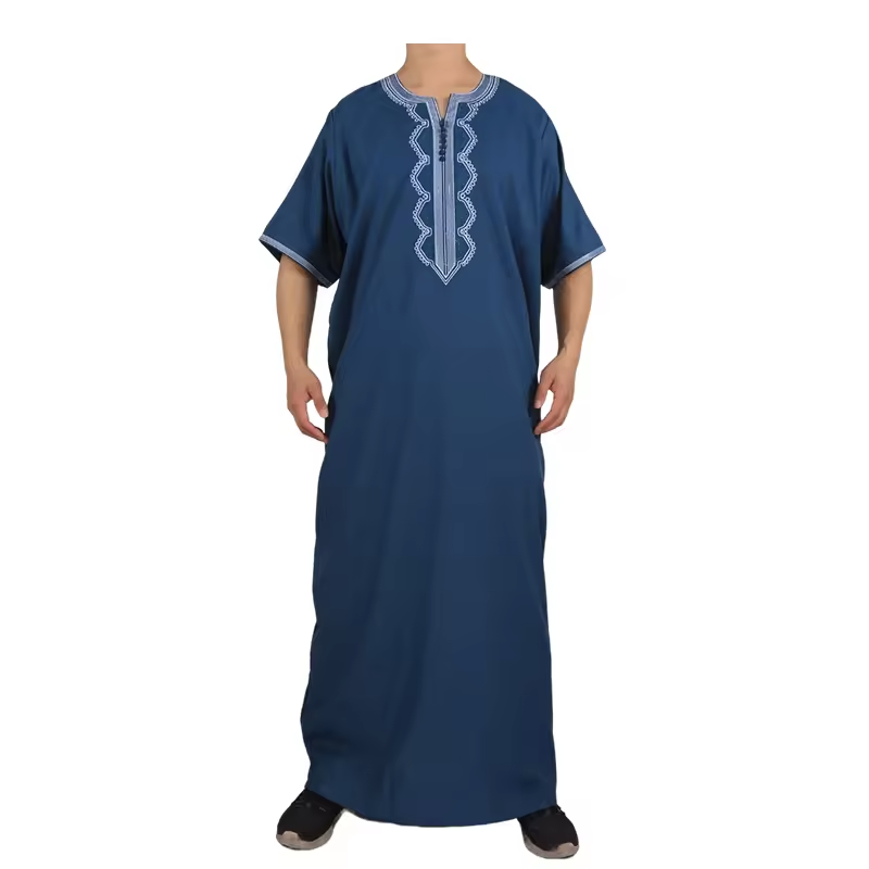 2024 Men Short Sleeve Dubai Kaftan Fashion Moroccan Style Muslim Robe Thobe
