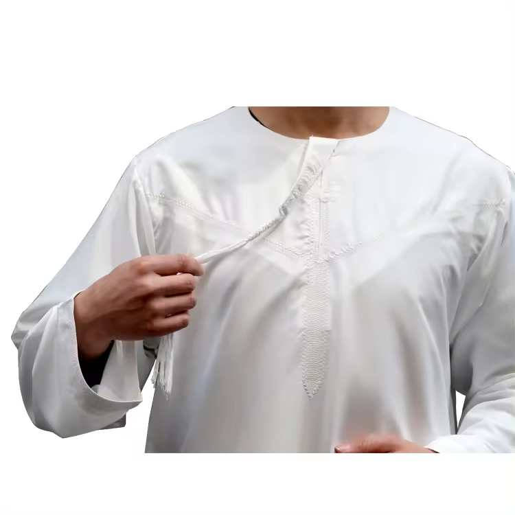 Men Muslim Clothing White Thawb Long Sleeve Robe Dubai Islamic Arabic Kaftan Omani Thobe