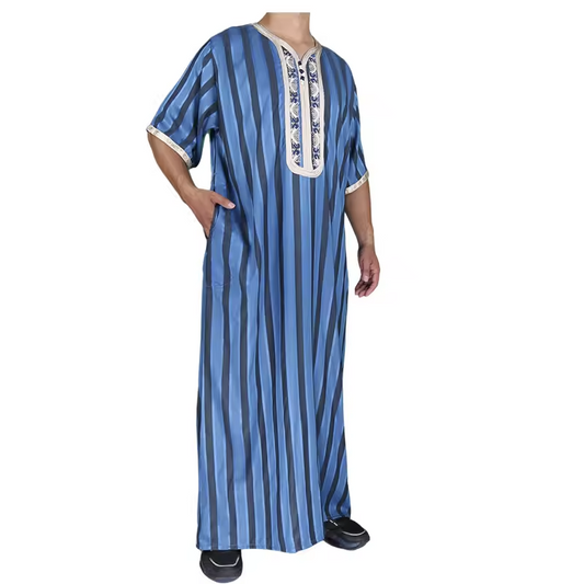 2024 New Fashionable Morocco Style Muslim Thobe Embroidery Stipe Robe