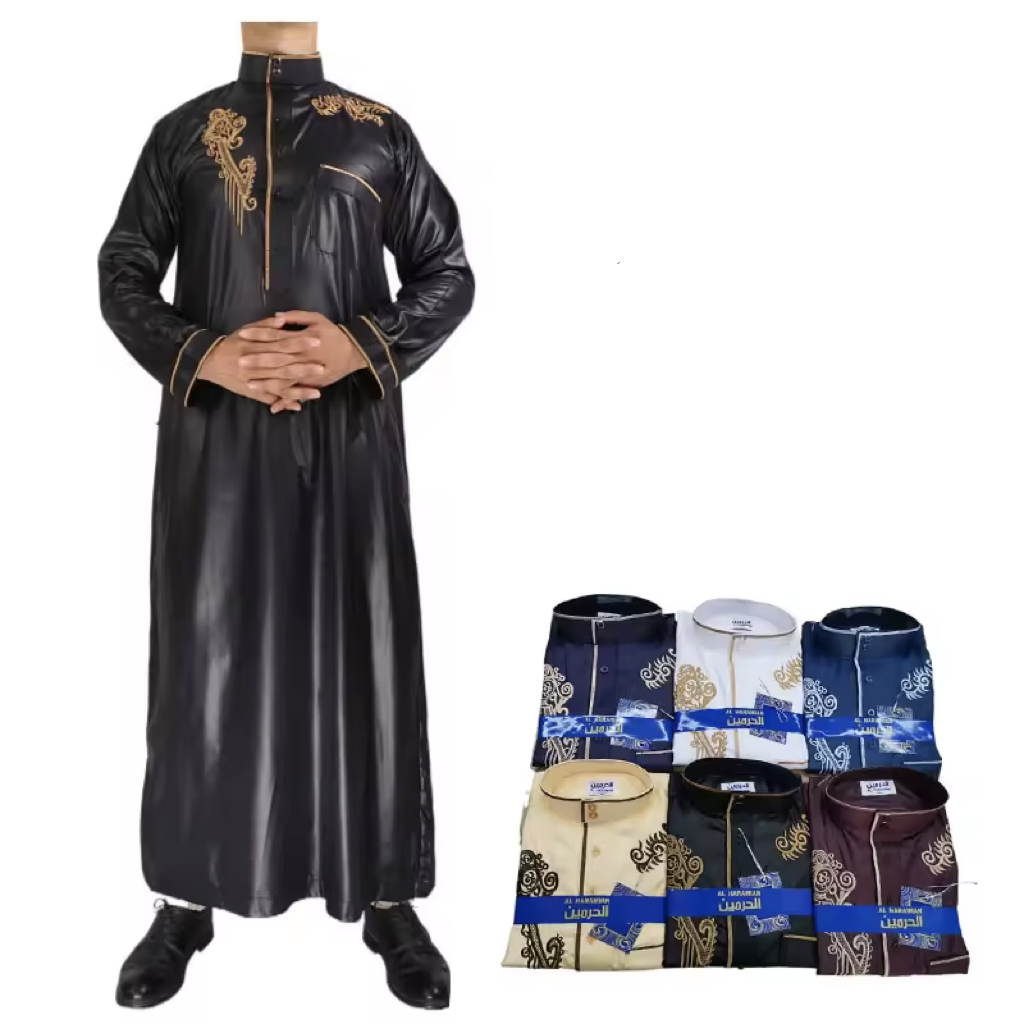 Wholesale Qatar Men Muslim Embroidery Long Sleeve Thobe Fashion Shinny Robe