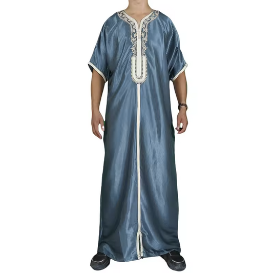 2024 Wholesale Fashion Moroccan Style Men Muslim Thobe Short Sleeve Robe