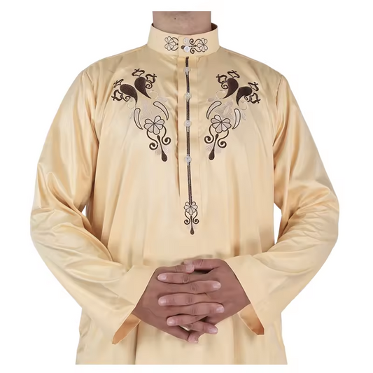 2024 Wholesal Qatar Style Fashion Floral Design Men Muslim Long Sleeve Thobe