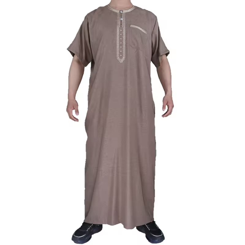 Wholesale Morocco Style Man Muslim Robe Middle East Popular Embroidery Half Sleeve Thobe